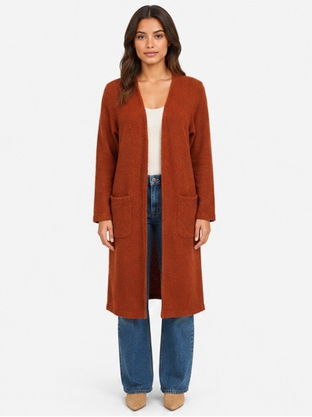 Here Comes The Sun Cardigan Size 6 Rust Open Front Longline Pocket Cardigan